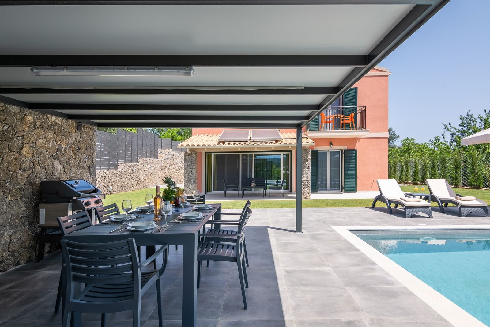 Covered BBQ and dining terrace at Villa Agapi, Corfu