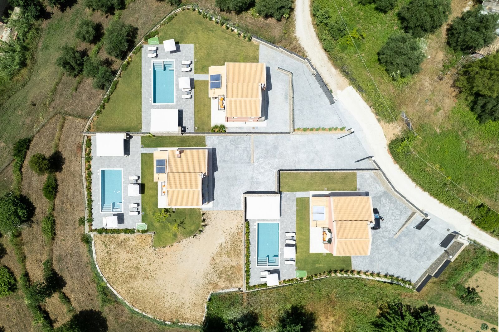 Aerial view of Castelia Luxury Villas estate in Afra, Corfu